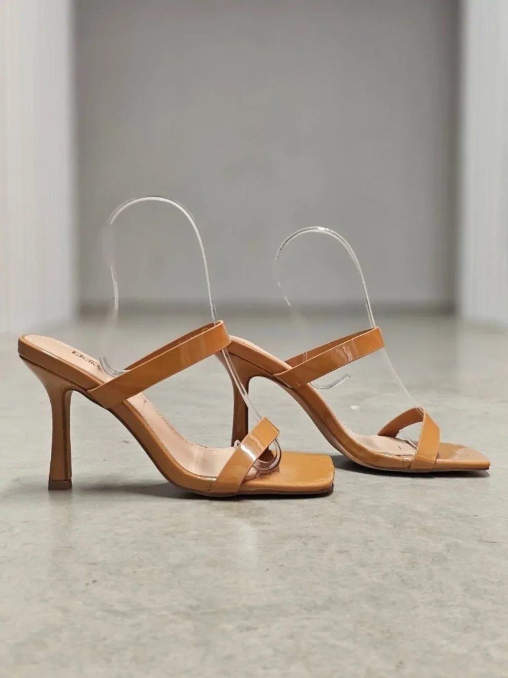 Strap Stiletto Heels With Square Toe & Tan Patent Faux Leather Accents For Women